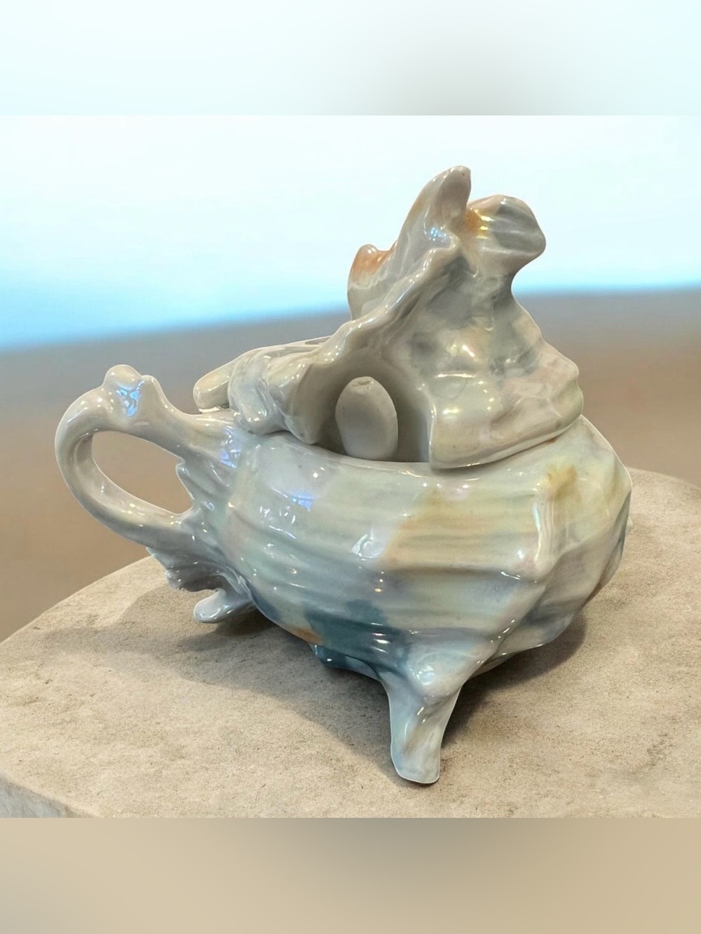 Vintage 1900 Royal Bayreuth lusterware ceramic jam pot shaped like a conch shell